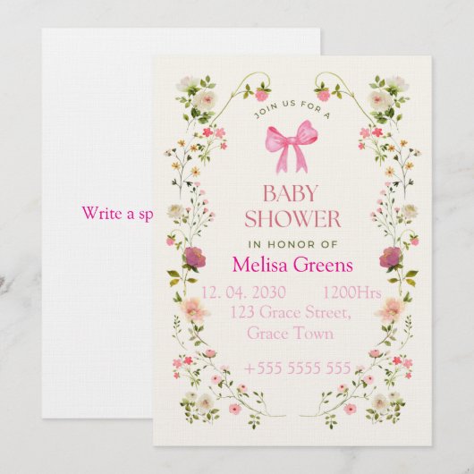 Floral Baby Shower Invitation | Soft Pink waterco 招待状 (正面/裏面)