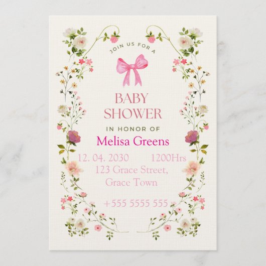 Floral Baby Shower Invitation | Soft Pink waterco 招待状 (正面)