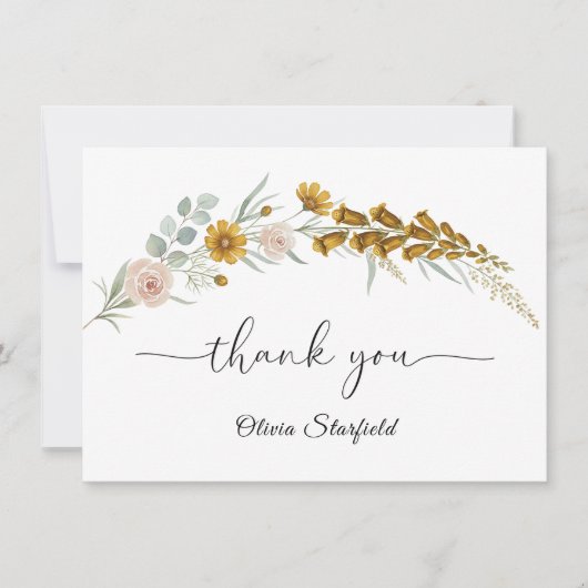 Floral Baby Shower yellow wildflower watercolor サンキューカード (正面)