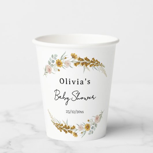 Floral Baby Shower yellow wildflower watercolor 紙コップ (正面)