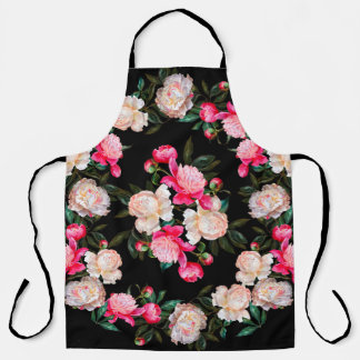 Floral background. Peonies pink and white on a dar エプロン