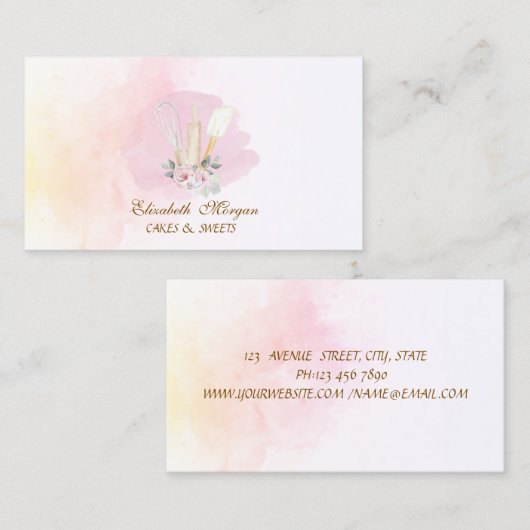 Floral Bakery Tools Watercolor 名刺 (正面/裏面)