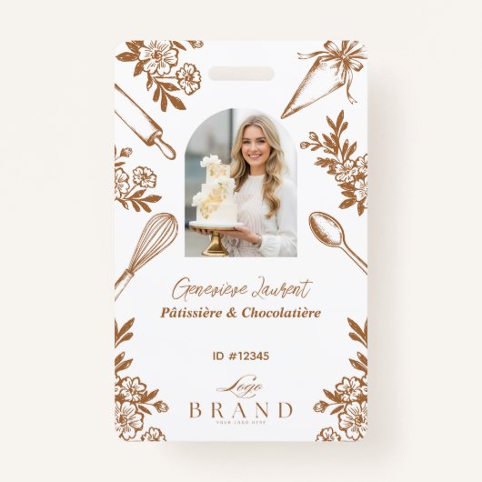 Floral Baking Utensils Bakery Logo Employee Photo バッジ (正面)