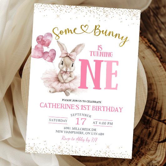 Floral Ballerina Bunny First Birthday Invitation 招待状