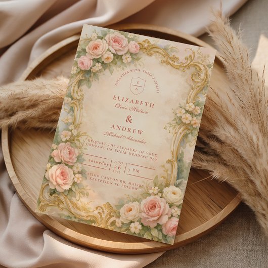 Floral Baroque Rose Gold Wedding 招待状