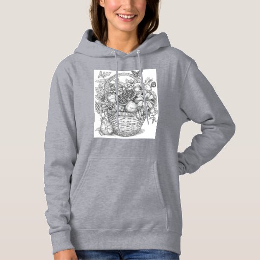 Floral Basket and Fruits Ink Illustration Hoodie パーカ (正面)
