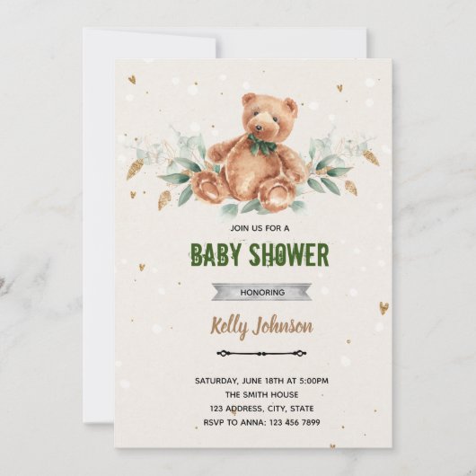 Floral bear baby shower birthday invite 招待状 (正面)