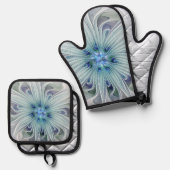 Floral Beauty Abstract Modern Blue Pastel Flower 鍋つかみ&鍋敷きセット (正面/裏面)