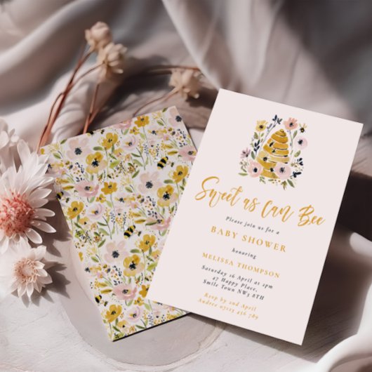 Floral Beehive Sweet As Can Bee Baby Shower 招待状