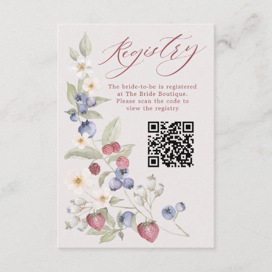 Floral Berry Sweet Bridal Shower QR Code Registry エンクロージャーカード (正面)