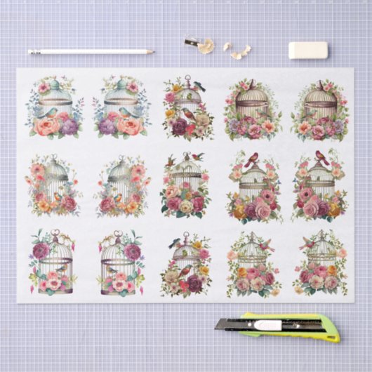 Floral Bird Cages for Small Decoupage Projects 薄葉紙 (クラフト)