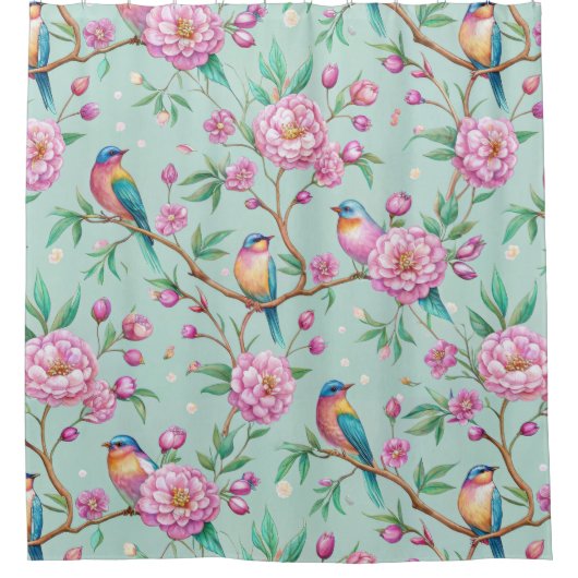 Floral Birds Pattern on Mint Background (1) シャワーカーテン (正面)