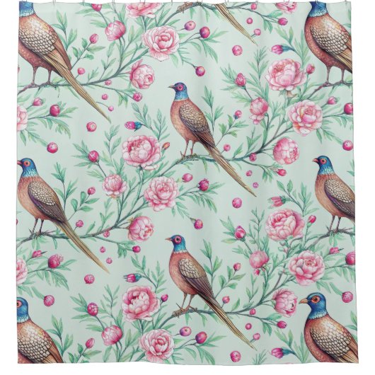 Floral Birds Pattern on Mint Background (2) シャワーカーテン (正面)
