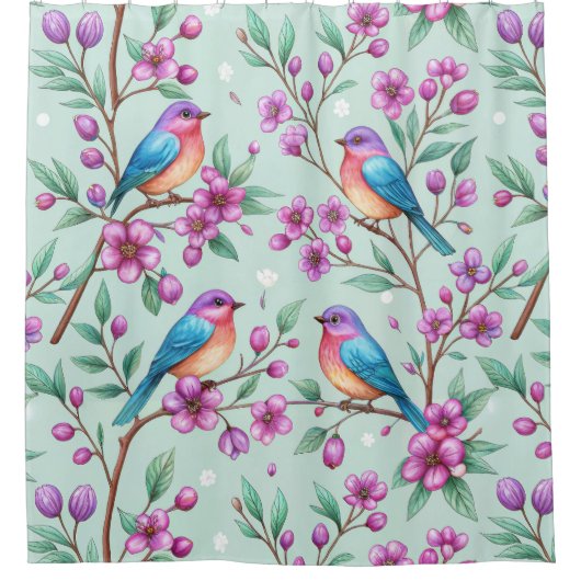 Floral Birds Pattern on Mint Background (3) シャワーカーテン (正面)