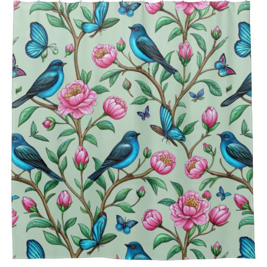 Floral Birds Pattern on Mint Background (4) シャワーカーテン (正面)