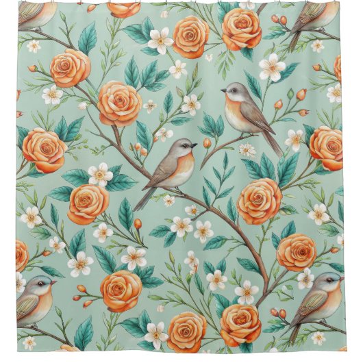 Floral Birds Pattern on Mint Background (6) シャワーカーテン (正面)