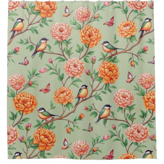 Floral Birds Pattern on Mint Background (7) シャワーカーテン (正面)