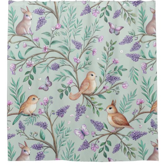 Floral Birds Pattern on Mint Background (9) シャワーカーテン (正面)