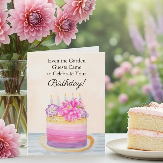 Floral Birthday Cake with Dahlia and Garden Insect カード
