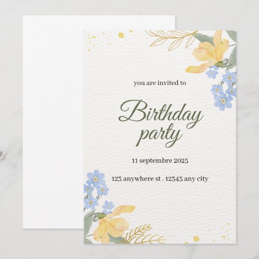 Floral birthday party invitation  招待状 (正面/裏面)