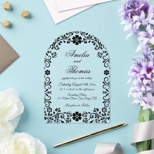 Floral Black Elegant Wedding アクリル招待状 (インサイチュ (ウェディング))