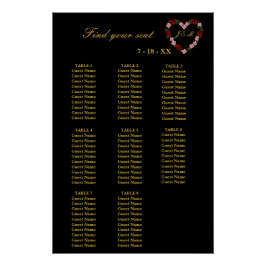  Floral Black Heart Wedding Seating Plan 8 Tables ポスター
