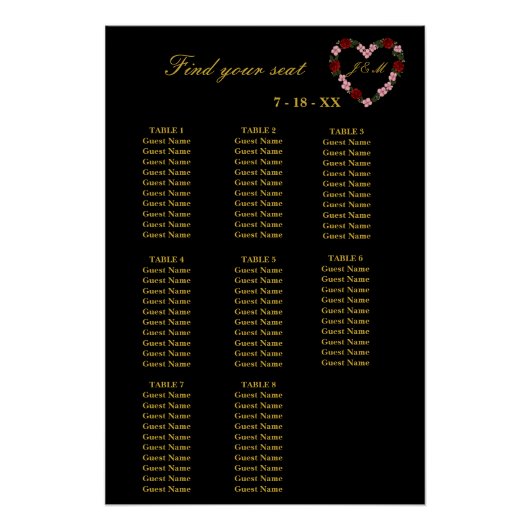  Floral Black Heart Wedding Seating Plan 8 Tables ポスター (正面)