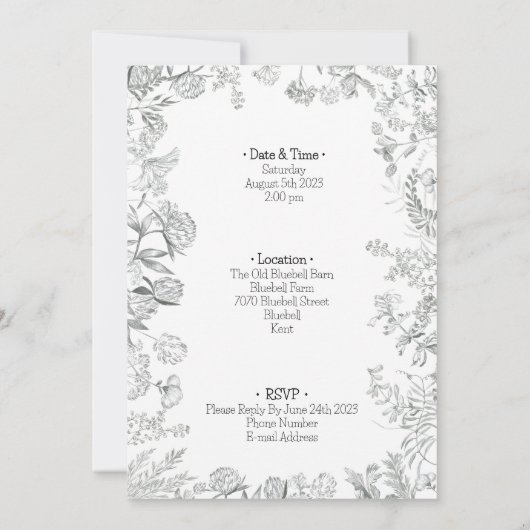 Floral Black & White Botanical Line Art Invitation 招待状 (裏面)