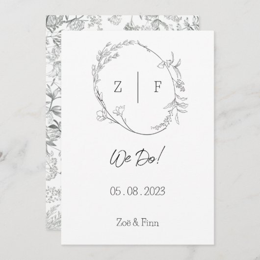 Floral Black & White Botanical Line Art Invitation 招待状 (正面/裏面)