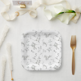 Floral Black & White Botanical Line Art Plate ペーパープレート