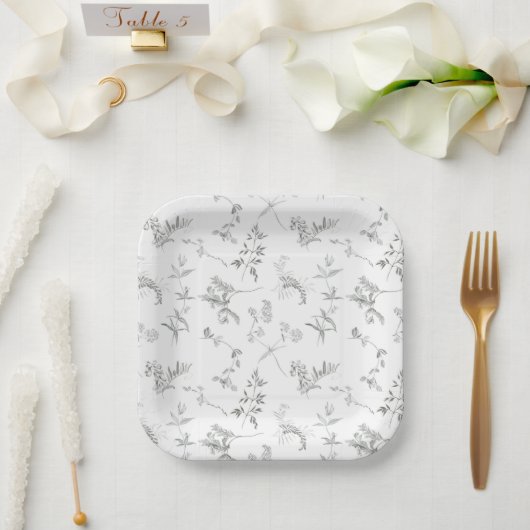 Floral Black & White Botanical Line Art Plate ペーパープレート (ウェディング)