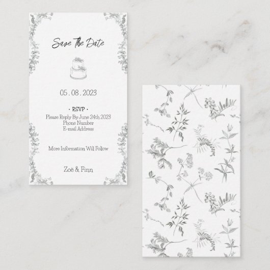 Floral Black & White Botanical Line Save The Date ノートカード (正面/裏面)