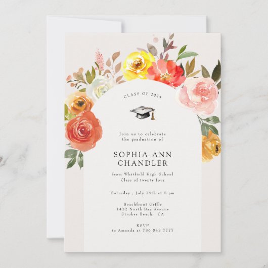 Floral Bloom Arch Photo Graduation with Quote 招待状 (正面)