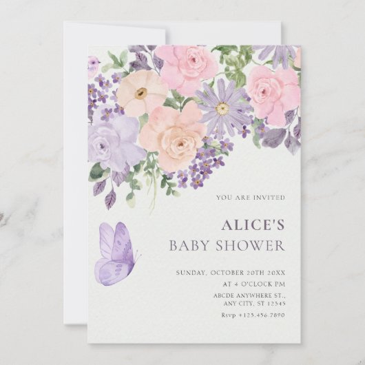 Floral bloom butterfly baby shower 招待状 (正面)
