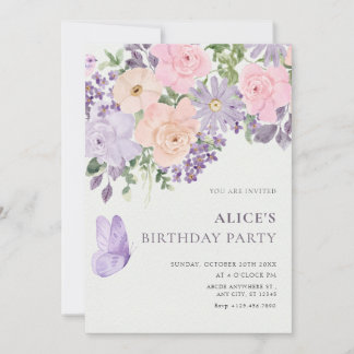 Floral bloom butterfly birthday 招待状