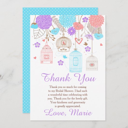 Floral Blue and Purple Bridal Shower サンキューカード (正面/裏面)