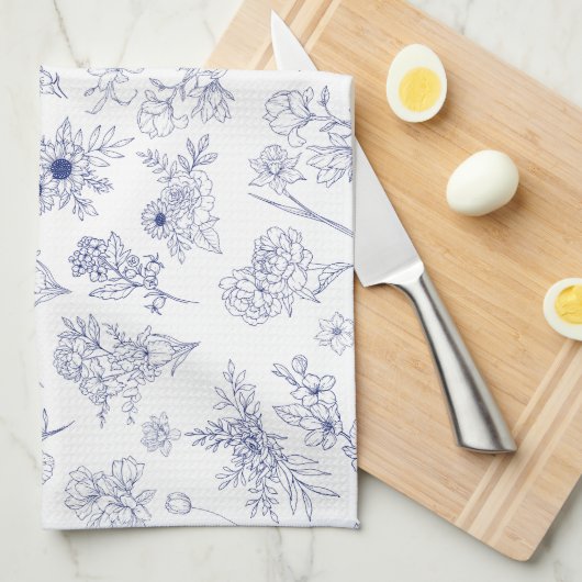 Floral Blue and White Classical Tea Towel キッチンタオル (四つ折り)