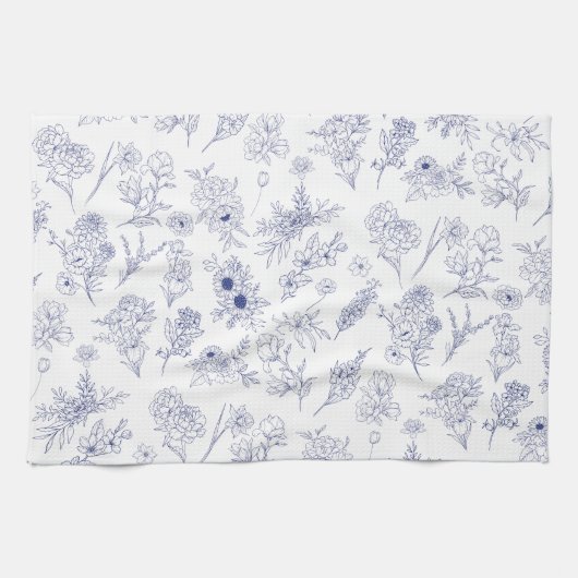 Floral Blue and White Classical Tea Towel キッチンタオル (横)