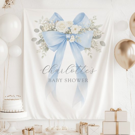 Floral Blue Bow Baby Boy Shower タペストリー