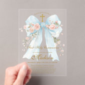 Floral Blue Bow First Holy Communion Girl アクリル招待状 (インサイチュ (ポータブル))