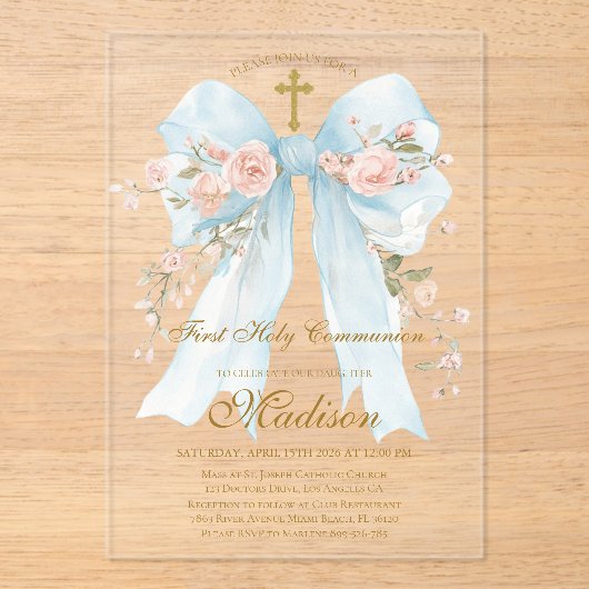 Floral Blue Bow First Holy Communion Girl アクリル招待状 (正面)