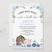 Floral Blue Boys Barn Tractor Farm Birthday 招待状 (正面)