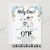 Floral Blue Boys Cow Print Holy Cow 1st Birthday 招待状 (正面)