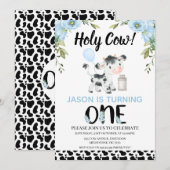 Floral Blue Boys Cow Print Holy Cow 1st Birthday 招待状 (正面/裏面)