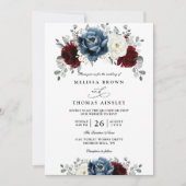 Floral Blue Burgundy White Ivory QR Code Wedding 招待状 (正面)