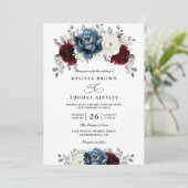 Floral Blue Burgundy White Ivory QR Code Wedding 招待状 (スタンド正面)