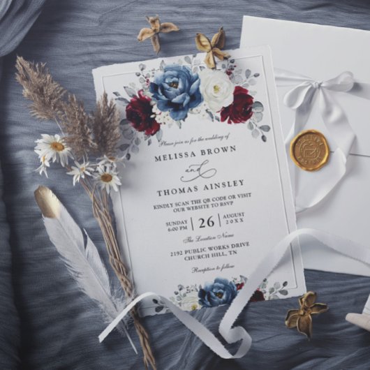 Floral Blue Burgundy White Ivory QR Code Wedding 招待状