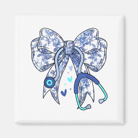 Floral Blue Coquette Bow Nurse Stethoscope Medical マグネット (正面)