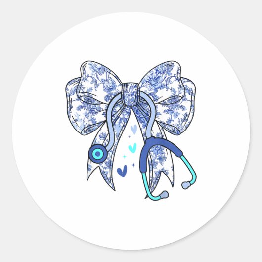 Floral Blue Coquette Bow Nurse Stethoscope Medical ラウンドシール (正面)