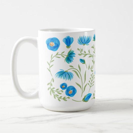 Floral blue folk art pattern コーヒーマグカップ (左)